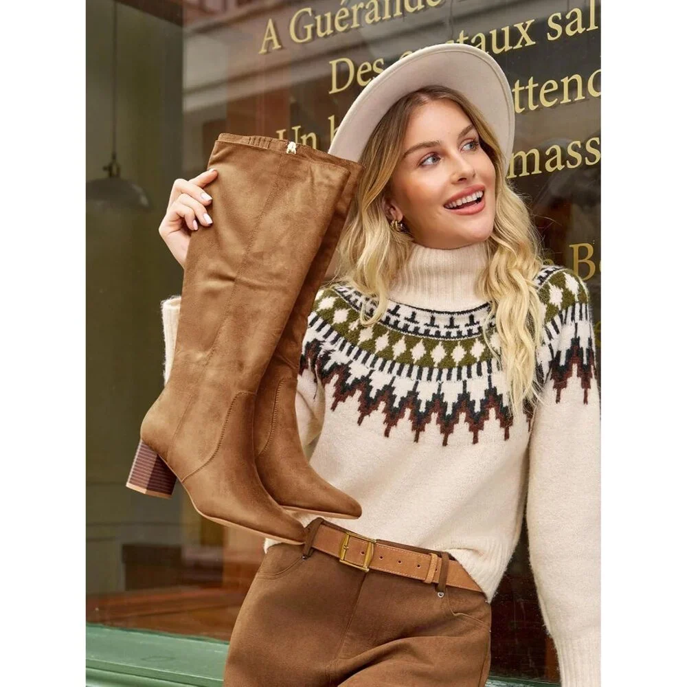 Women's Light Brown Chunky Heel Knee High Boots Suede Round Toe Fall Winter Tall - Picture 4 of 6